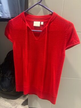Anthropologie Red Short-Sleeve Hooded Knit Top